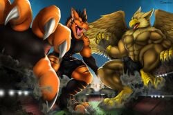 3_toes 4_toes 5_fingers abs anthro avian balls balls_outline beak biceps biped boxer_briefs brown_body building building_destruction bulge carpo claws clothed clothing destruction detailed_background detailed_bulge dragon duo erection erection_under_clothing extreme_size_difference feathered_wings feathers feet finger_claws fingerless_gloves fingers genital_outline genitals gloves gryphon handwear hi_res house humanoid_genitalia kurtcbrox kurtcbrox_(character) looking_at_viewer macro macro_anthro macro_male male muscular muscular_anthro muscular_male mythological_avian mythological_creature mythological_scalie mythology open_mouth outside paws pecs penile penis penis_outline rampage scalie size_difference sky smile stadium stomping toe_claws toes topless underwear wings