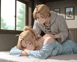 1boy ai_generated bare_shoulders bedroom blue_eyes brown_hair closed_eyes consensual_incest day female forehead gabrail green_eyes high_ponytail incest light_brown_hair long_hair low_pontail lying lying_on_bed massage mature_female milf mother mother_and_son mushoku_tensei mushoku_tensei:_isekai_ittara_honki_dasu on_bed on_stomach pajamas ponytail resting robe rudeus_greyrat short_hair smile son window zenith_greyrat