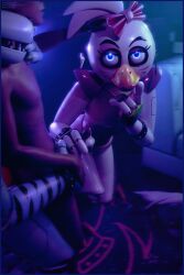 3d_(artwork) accessory animal_print animatronic anthro arm_accessory arm_warmers armwear avian beak bird blue_eyes bodily_fluids bow_ribbon canid canine canis chicken clothing cum cum_on_hand digital_media_(artwork) erection female five_nights_at_freddy's five_nights_at_freddy's:_security_breach galliform genital_fluids genitals glamrock_chica_(fnaf) group hair hair_accessory hand_on_neck handjob hi_res human kneeling leotard lipstick looking_at_viewer machine makeup male mammal mrcourage616 nude on_model penile penis phasianid pink_clothing pink_leotard robot roxanne_wolf_(fnaf) scottgames sex steel_wool_studios stradd straight teeth trio