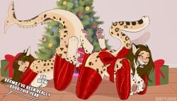 anthro areola arms_tied big_breasts bitchsuit blush bodily_fluids bondage bondage_gear bound bow_ribbon breasts christmas christmas_tree digital_media_(artwork) dildo dirtyjace domestic_cat double_dildo duo feet felid feline felis female female/female fina_(fjne) fish gift hi_res holidays huge_breasts legs_tied leopard mammal marine multicolored_body nina_(fjne) nipples open_mouth pantherine pawpads paws petplay plant ribbons roleplay sex sex_toy shark smile submissive tail teeth toes tree