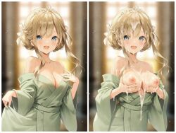 ai_assisted bare_shoulders blue_eyes blush breast_grab breasts church collarbone cum_drip cum_on_breasts cum_on_face cum_on_hair grabbing_own_breasts hair_ornament hair_ribbon highres indoors long_hair looking_at_viewer medium_breasts nipples nude off_shoulder sweat thighs third-party_edit two_pictures weri white_hair yukata