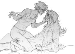 abaddon_(haunted_hotel) aged_up assertive_female blush bottomless bra camisole commentary cowgirl_position esther_freeling eye_contact grabbing_another's_face greyscale haunted_hotel head_grab imminent_penetration imminent_vaginal leg_tattoo long_hair looking_at_another monochrome rickorty_08 short_hair simple_background straddling straight sweat symbol-only_commentary tattoo underwear white_background