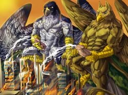 4_toes 5_fingers abs anthro avian balls beak biceps biped bird bodily_fluids brown_body brown_fur building building_destruction carpo city city_background city_crushing city_destruction cityscape claws corvidius_(character) cum cumshot destruction duo ejaculation erection falcon falconid feathered_wings feathers feet finger_claws fingers fire fur genital_fluids genitals gryphon hi_res humanoid_genitalia landscape_dwarfing macro macro_anthro macro_male male masturbation muscular muscular_anthro muscular_male mythological_avian mythological_creature mythology nightarm nude orgasm outside paws pecs penile penile_masturbation penis rampage sitting sitting_on_building sky smile stomping tail toes vein veiny_penis white_body white_fur wings