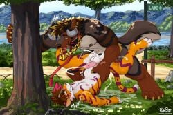 anal anal_sex anthro bodily_fluids canid canine chain_necklace claws cum cum_in_ass cum_inside cumshot curved_horn detailed_background duo ejaculation felid genital_fluids genitals hi_res horn humanoid_genitalia humanoid_penis jewelry male male/male male_penetrated male_penetrating male_penetrating_male mammal muscular muscular_anthro muscular_male necklace nipple_piercing nipples outside pache_riggs pantherine park penetration penile penile_penetration penis penis_in_ass piercing piledriver_position plant scenery sex tiger toe_claws tongue tongue_out tree