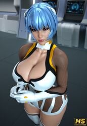 1girls 3d alternate_body_type alternate_costume alternate_version_available areola_slip areolae areolae_visible_through_clothing arms_under_breasts blue_hair breasts cleavage curvy dress eye_contact fishnets gloves hagiwara_studio hair_ornament hands_together huge_breasts looking_at_viewer neon_genesis_evangelion plugsuit red_eyes rei_ayanami short_hair thick_thighs thighhighs thighs