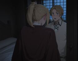 1boy ai_generated bedroom blue_eyes blush brown_hair face_out_of_frame female forehead from_behind gabrail green_eyes high_ponytail incest light_brown_hair long_hair low_pontail mature_female milf mother mother_and_son mushoku_tensei mushoku_tensei:_isekai_ittara_honki_dasu night on_bed pajamas panting ponytail robe rudeus_greyrat short_hair son window zenith_greyrat