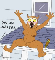alcohol anthro avian beak beer beverage big_breasts bird blush bojack_horseman breasts brown_body daison_the_fox drunk feet female genitals hi_res netflix nude outside owl public public_nudity rooftop slightly_chubby solo substance_intoxication surprised thick_thighs vulva wanda_pierce window