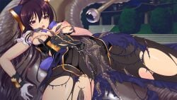 black_pantyhose blush breasts female game_cg genseishinki_sacred_virth gloves large_breasts large_variant_set long_hair magical_girl monster nipples non-web_source official_art open_mouth pantyhose purple_eyes purple_hair sacred_noire slime_(substance) slug solo tentacle torn_clothes torn_pantyhose variant_set yuugure_pairo yuuki_setsu