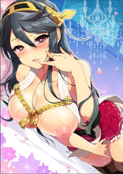 bare_shoulders between_legs black_hair blush boots breasts collarbone female hand_between_legs haruna_(kantai_collection) headband heart heart-shaped_pupils jewelry kantai_collection knee_boots large_breasts long_hair looking_at_viewer miniskirt naughty_face nipples no_bra nontraditional_miko open_clothes open_mouth open_shirt pochi_(pochi-goya) pointy_chin puffy_nipples purple_eyes ring shiny shiny_skin shirt skirt smile solo sweat symbol-shaped_pupils thigh_boots thighhighs zettai_ryouiki