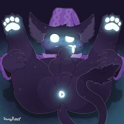 2026 absurd_res anthro anus ass avian backsack balls blue_penis blush bodily_fluids butt_focus clothing deadlock dripping drowsypuppy genital_fluids genitals glowing glowing_genitalia glowing_pawpads gryphon hat headgear headwear hi_res male mythological_avian mythological_creature mythology nightcap pajamas pawpads penis pillow precum precum_drip raised_tail rem_(deadlock) simple_background sleepwear solo tail valve