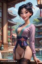 1girls ai_generated architecture artist_name black_eyes black_hair black_thighhighs blurry bottomless breasts cleft_of_venus day disney disney_princess east_asian_architecture eyeshadow fa_mulan female garter_belt hair_bun hair_ornament hi_res lantern lips long_sleeves looking_at_viewer makeup mascara medium_breasts mole mole_under_eye mulan mulan_(1998_film) navel no_bra no_panties nose outdoors patreon_username progenarts pussy short_hair single_hair_bun smile solo standing thighhighs uncensored water