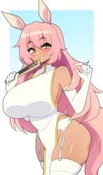 1girls armwear big_breasts commission dress female female_only garter_belt garter_straps hi_res horse_ears horse_girl huge_breasts j5daigada long_hair looking_at_viewer orange_eyes pink_hair smiling smiling_at_viewer solo stockings tail thick_thighs white_armwear white_stockings