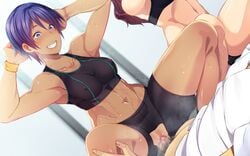 1boy 2girls abs armpits arms_behind_head arms_up bare_arms bike_shorts blue_eyes blue_hair breasts butcha-u censored clenched_teeth clothed_sex cowgirl_position crotchless_spats dark-skinned_female dark_skin erect_nipples feet game_cg highres indoors kenzen!_hentai_seikatsu_no_susume legs looking_down lying maezono_chihiro matching_hair/eyes mosaic_censoring multiple_girls navel original penis pussy sex short_hair sitting sitting_on_person sleeveless small_breasts smile sneakers socks sports_bra sweat thighs torn_clothes vaginal_penetration very_short_hair