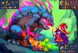 3_toes ai_generated big_dom_small_sub bigger_dom bigger_male clothed defeated doggy_style dominant dominant_male feet gameplay_mechanics green_hair ground hat kog'maw league_of_legends lulu_the_fae_sorceress magic monster open_mouth pinned_down purple_hair riot_games rough_sex sex sex_from_behind sharp_claws shoes size_difference smaller_female smaller_sub smug submissive submissive_female tail voidborn waterfall zeri_(league_of_legends)