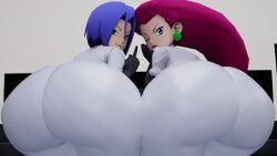 1boy 1girls 3d ass ass_focus ass_to_ass blowing_kiss blue_hair both_sexes_in_same_situation bubble_butt femboy game_freak huge_ass james_(pokemon) jessie_(pokemon) long_hair massive_ass middle_finger mr_chazz80 nintendo pokemon red_hair short_hair tagme wide_hips