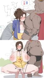 apron breasts brown_hair citizen_k clothed clothed_female clothed_female_nude_male collar crown double_v fat fat_male fellatio game_freak kneeling leash male milf mother_(pokemon_sv) naked naked_apron naked_female naked_male nintendo nipples nude nude_female nude_male oral oral_penetration oral_sex paldea_mother penis pokemon pokemon_sv ponytail pubic_hair rape shopping_bag simple_background v white_background