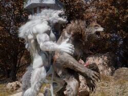 3d_(artwork) afternoon anthro aroused blender_(artwork) blender_cycles_(artwork) bodily_fluids canid canine claws cum cum_inside cum_spill digital_media_(artwork) duo ejaculation erection foirgairwolf genital_fluids genitals hi_res howl male male/male mammal mythological_canine mythological_creature mythology orgasm penis sex tail werecanid werecanine werecreature werewolf wet