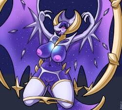 aroused bat big_breasts blush breasts clothed clothing female generation_7_pokemon genitals hi_res legendary_pokemon lingerie lunala mammal nintendo nipples not_skyelinne panties panties_down partially_clothed pokemon pokemon_(species) tongue tongue_out underwear underwear_down vulva wings
