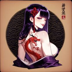 1girls ai_generated back back_tattoo balecxi bangs bare_back bare_shoulders blunt_bangs breasts brown_border chained_soldier clothing curvaceous curvaceous_female curvaceous_figure curvy curvy_figure dragon eastern_dragon eyeliner eyeshadow female female_focus from_behind hair_ornament japanese_clothes kimono kimono_pull large_breasts lipstick long_hair looking_at_viewer looking_back makeup mato_seihei_no_slave mole_under_eye off_shoulder one_eye_closed parted_lips purple_eyes purple_hair purple_kimono red_lips robe sideboob smile solo tattoo teeth tongue traditional_clothes upper_body voluptuous voluptuous_female wafuku yamashiro_ren