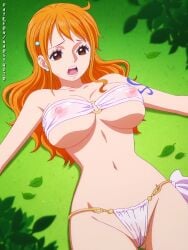 ai_generated ass berries big_breasts bikini_tanlines blush female female_only gold_coins greed heart-shaped_pupils high_res holding_coin long_hair lying_on_back money naked nami nami_(one_piece) naostudio navigator nipples nsfw nude one_piece orange_hair pile_of_treasure pussy solo tattoo tongue_out treasure_room