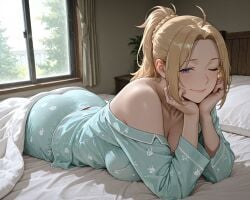 1boy ai_generated bare_shoulders bedroom blue_eyes brown_hair day female forehead gabrail green_eyes high_ponytail light_brown_hair long_hair looking_at_viewer low_pontail lying lying_on_bed mature_female milf mother mother_and_son mushoku_tensei mushoku_tensei:_isekai_ittara_honki_dasu on_bed on_stomach one_eye_closed pajamas ponytail pov robe rudeus_greyrat short_hair smile son window zenith_greyrat