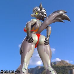 absurd_res anthro anus ass beach big_breasts big_butt bikini blender_(artwork) blender_eevee_(artwork) breasts canid canine clothing diegothewolf digital_media_(artwork) epic_games female fortnite fur grey_body hair hand_on_butt hi_res long_ears long_tail looking_at_viewer looking_back mammal nipples open_anus orange_body orange_fur pink_anus pink_nipples rear_view red_bikini red_clothing red_swimwear short_hair solo swimwear tail thick_thighs tongue tongue_out two-piece_swimsuit wolfie_(fortnite) yellow_eyes