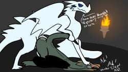 16:9 blush dialogue dragon duo female feral greendragoon22 hand_on_head hi_res icewing_(wof) male male/female moonwatcher_(wof) mythological_creature mythological_scalie mythology nightwing_(wof) pinned pinned_to_ground questionable_consent scalie text widescreen wings_of_fire winter_(wof)