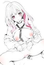 1boy :o absurdres ahoge bar_censor blush bottomless breasts breasts_out cardigan censored choker clothed_sex collared_shirt colored_inner_hair commentary cowgirl_position dutch_angle ear_piercing eyelashes feet_out_of_frame female fujisaki_hikari gradient_hair grinding heterochromia highres ishigami_nozomi ishigami_nozomi_(school_uniform) looking_at_viewer medium_breasts medium_hair multicolored_hair necktie nijisanji nipples off_shoulder official_alternate_costume open_cardigan open_clothes open_shirt parted_lips partially_unbuttoned penis piercing pink_hair pov purple_eyes pussy red_eyes red_hair shirt simple_background sitting solo_focus spot_color straddling straight virtual_youtuber white_background wing_collar