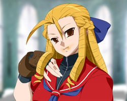 1girls blonde_hair bow brown_eyes dirty female female_only fully_clothed karin_kanzuki smile solo spiral_hair street_fighter