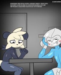 annoyed anthro black_body blue_body bulge cham_(token_taker) comic dating detailed_bulge digital_media_(artwork) duo fake_smile femboy generation_3_pokemon generation_6_pokemon hi_res male meditite navel nintendo pan_(token_taker) pancham pokemon pokemon_(species) sad sitting smile tail text token_taker upset