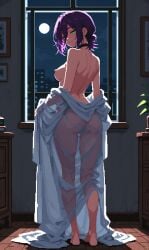 1girls ai ai-created ai_generated ass black_choker chainsaw_man choker completely_nude from_behind full_body glowing_eyes green_hair hair_between_eyes indoors inviting looking_at_viewer looking_back moon moonlight night nipples nude_female ponytail reze_(chainsaw_man) robe_down robe_slip robes shittyaistuff short_hair small_breasts smile standing translucent_clothing transparent_clothing window