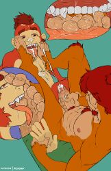 5_toes absurd_res anthro bodily_fluids body_hair close-up cum cum_in_mouth cum_inside cumshot cumshot_in_mouth cumshot_on_face delicatessen duo ejaculation eye_roll fangs feet foot_fetish foot_lick foot_on_mouth fur genital_fluids genitals gusho hair haplorhine happy_trail hi_res humanoid_feet humanoid_genitalia humanoid_penis licking male male/male mammal masturbation monkey nipples noke_(delicatessen) orange_body orange_fur penis plantigrade primate red_body red_fur red_hair saliva simple_background teeth toes tongue