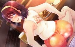 1boy 1girls ass backboob bare_arms beer blue_eyes blush bottomless breasts brown_hair butcha-u clothed_sex female food from_behind game_cg hairband heavy_breathing highres hooters indoors kenzen!_hentai_seikatsu_no_susume large_breasts legs maezono_chinami male_pov open_mouth original pov pubic_hair sex short_hair shorts sitting sitting_on_person sleeveless smile solo_focus sweat table text thighs uniform vaginal_penetration wet