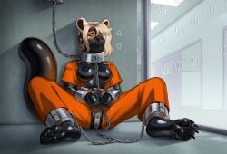 100racs 1girls ailurid anthro blonde_hair bodysuit bondage bondage_gear bondage_gloves bound breasts cell chains chastity chastity_belt chastity_device clothing collar cuff_(restraint) female female_chastity female_only femsub frustrated hair handwear hi_res horny_jail latex latex_bodysuit latex_clothing latex_skinsuit mammal markings metal_collar metal_cuffs muffled muzzle_(object) muzzled orgasm_denial pawpads prison prison_uniform prisoner red_panda restraints sitting skinsuit solo tail tight_clothing