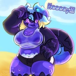 1:1 beach bodily_fluids bottomwear clothing egg eggs_in_belly eyewear female fisticuffs_(tuvandalist) glistening glistening_body hi_res hotpants humanoid jellsilisk no_teeth open_species ovipositor shirt shorts spiral spiral_eyes sunglasses sweat sweatdrop topwear translucent translucent_clothing tuvandalist wet wet_clothing wet_shirt wet_topwear