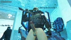 1boy 3d 3d_(artwork) armor bare_legs bulletproof_vest civil_protection_(half-life_series) clothed erect_penis erection faceless_male garry's_mod gas_mask gear gloves glowing_eyes gun half-life_(series) headgear helmet hl2nsfwposer human human_male male male_only masked masked_male only_male partially_clothed peeking_out peeping penis penis_out precum precum_on_penis revealing_penis shocked signature speech standing throbbing_penis uniform vest visor watching weapon weapon_on_shoulder