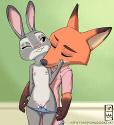 1boy disney female interspecies judy_hopps kissing_neck lagomorph nick_wilde nude_female_clothed_male removing_panties small_breasts straight threeworlds undressing_partner vulpine zootopia