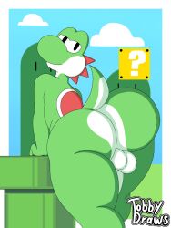 3:4 ass ass_up backsack balls big_butt black_eyes dinosaur genitals green_body hi_res male mario_bros naughty_face nintendo prehistoric_species rear_view reptile scalie simple_background sky smile smiling_at_viewer solo thick_thighs tobydraws4 white_body wide_hips yoshi yoshi's_island yoshi_(character)