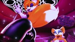 angry anthro ass balls bat bat_wings big_breasts bodysuit breasts bright_light butt_focus canid canine clothing dancing detailed_background dialogue duo female femboy fox genitals hand_symbol hi_res humanoid looking_back male mammal membrane_(anatomy) membranous_wings michmachape neon_lights nightclub piercing pole pole_dancing rouge_the_bat seductive sega skinsuit smile smiling_at_viewer sonic_(series) sonic_the_hedgehog_(series) speech_bubble tails tails_the_fox text thick_thighs tight_clothing wings