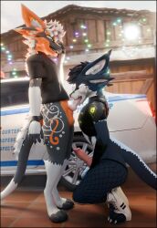 3d_(artwork) 4_ears absurd_res anthro blender_(artwork) cabin clothing deuzear digital_media_(artwork) duo fellatio fur genitals happy hi_res kneeling knot knotted_penis leg_markings lill_esp lill_espion looking_at_another looking_pleasured male male/male markings multi_ear multicolored_body multicolored_fur oral paws penile penis sex shirt tattoo tongue tongue_out topwear