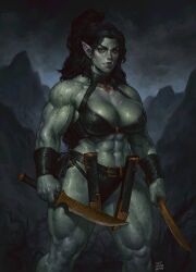 1girl 1girls 2d 2d_(artwork) 2d_artwork black_hair blades fantasy female female_only justsomenoob leather leather_boots leather_clothing looking_at_viewer muscles muscular muscular_arms muscular_female muscular_legs muscular_thighs orc orc_female solo solo_female weapons