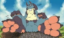 2022 3_fingers 3_toes animal_genitalia anthro balls big_balls big_sheath biped black_body black_feet black_fur black_hands black_inner_ear black_nose blue_body blue_ears blue_fur body_size_growth building building_destruction chest_spike city city_destruction claws cloud day destruction detailed_background digital_media_(artwork) english_text feet fingerpads fingers foot_focus footprint fully_sheathed fur generation_4_pokemon genitals gloves_(marking) grin grinning_at_viewer hand_on_knee hand_on_leg hand_on_own_knee hand_on_own_leg landscape_dwarfing leg_markings looking_at_viewer looking_down looking_down_at_viewer lucario macro macro_anthro macro_male male male_anthro markings motion_lines multicolored_body multicolored_fur nintendo nude nude_anthro nude_male onomatopoeia outside pawpads pink_pawpads plantigrade pokemon pokemon_(species) sheath signature sitting size_transformation sky smile smiling_at_viewer socks_(marking) solo sound_effects spikes spikes_(anatomy) spread_legs spreading teaselbone teeth text toe_claws toes transformation white_spikes yellow_body yellow_fur