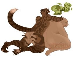 animal_humanoid anthro arched_back athletic balls belly big_balls big_belly_button body_outline brown_body brown_fur bulge bulge_from_behind burp_cloud burping cougar curled_up dark_face duo edward_welfrolfo face_pattern facial_markings felid felid_humanoid feline feline_humanoid fur genitals head_markings horn humanoid light_belly lying lying_on_ground male mammal mammal_humanoid markings on_front on_ground open_mouth oral_vore pantherine pawpads paws pupils red_eyes sad saggy_balls scared sipurim spots stomach_bulge striped_body striped_fur striped_markings striped_tail stripes tail tail_markings tan_belly toned_male toned_muscles tongue tongue_out vore yellow_pupils