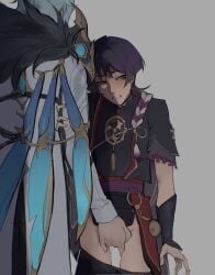 cuntboy cuntboy/male dottore_(genshin_impact) fingering functionally_nude genshin_impact holding_onto_partner male/male scaramouche_(genshin_impact) size_difference vaginal_fingering vaginal_juices vaginal_penetration yaoi