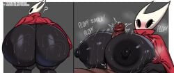 anthro areola arthropod ass big_breasts big_butt biped blush bodily_fluids breast_play breasts clothed clothing coldarsenal eyelashes female genitals hi_res hollow_knight_(franchise) hornet_(hollow_knight) huge_breasts huge_butt looking_at_viewer looking_back male male/female nipples no_pupils penis red_clothing sex sweat team_cherry thick_thighs titjob
