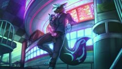 animal_genitalia animal_penis anthro balls bedroom_eyes bottomwear canid canine canine_genitalia canine_penis canis clothed clothing container cup digital_media_(artwork) drinking drinking_straw erection exhibitionism fast_food feet fingers food fur genitals hair half-closed_eyes hi_res holding_container holding_cup holding_object knot looking_at_viewer male mammal narrowed_eyes open_bottomwear open_clothing open_pants pants penis public seductive smile solo standing taco_bell tail thatpotoo toes topwear wolf