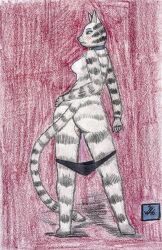2025 absurd_res anthro aroused ass bell bell_collar black_clothing black_panties black_underwear blue_eyes blush blush_lines bodily_fluids body_blush breasts butt_shot clothed clothing clothing_around_legs collar colored_pencil_(artwork) dated domestic_cat eyeshadow felid feline felis female full-length_portrait fur genital_fluids genitals half-closed_eyes hand_on_butt hi_res huge_filesize humanoid_genitalia humanoid_vulva just_w leaking looking_away makeup mammal markings narrowed_eyes nipples panties panties_around_legs panties_down partially_clothed pointy_ears portrait prick_ears purple_background pussy_juice_leaking shaded shadow signature simple_background solo standing striped_body striped_fur striped_markings striped_tail stripes tail tail_markings topless traditional_media_(artwork) underwear underwear_around_legs underwear_down vaginal_fluids vulva vulva_blush white_sclera