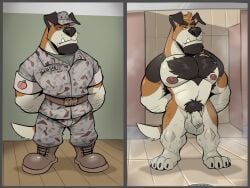 2026 4_toes anthro arm_hair balls beagle belt black_body black_fur body_hair boots bottomwear brown_body brown_fur camo camo_bottomwear camo_clothing camo_hat camo_headgear camo_headwear camo_pants camo_print camo_shirt camo_topwear canid canine canis chest_hair clothed clothed_anthro clothed_male clothing colored dead_stray_bear domestic_dog english_description english_text ethan_costas_(character) facial_hair feet flaccid footwear foreskin fur genitals goatee hairy_balls hat headgear headwear hi_res hunting_dog inside leg_hair male male_anthro mammal manly military military_uniform multicolored_body multicolored_fur multiple_scenes muscular muscular_anthro muscular_male name_tag navel nipples nude nude_anthro nude_male pants pattern_bottomwear pattern_clothing pattern_hat pattern_headgear pattern_headwear pattern_pants pattern_shirt pattern_topwear peach_emoji penis pubes regular_grid_layout scent_hound shaded shirt shoes shower_room solo standing tail teeth text toes topwear underbite uniform whisker_spots white_body white_fur