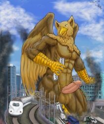 5_fingers abs anthro avian balls beak biceps biped brown_body brown_fur building building_destruction carpo city city_background city_destruction cityscape claws crush destruction erection feathered_wings feathers feet finger_claws fingers fur genitals gryphon hi_res house landscape_dwarfing macro macro_anthro macro_male male muscular muscular_anthro muscular_male mythological_avian mythological_creature mythology nude outside pecs penile penis public_transportation rampage shimatabi sky smile solo tail toes train vehicle vehicle_destruction vein veiny_penis wings