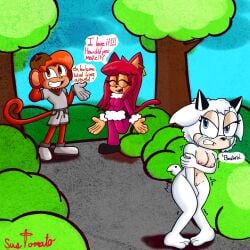 anthro areola bodily_fluids bottomwear bovid breasts caprine clenched_teeth closed_eyes clothed clothing cocoa_(sussytomato) coconut covering covering_self dialogue domestic_cat drupe_(fruit) ear_piercing felid feline felis female food footwear fruit genitals gloves group handwear haplorhine hi_res horn idw_publishing lanolin_the_sheep lindsey_(sussytomato) male mammal monkey nipples nude piercing plant primate sega shaking sheep shirt shivering shoes shorts sonic_(series) sonic_the_hedgehog_(comics) sonic_the_hedgehog_(idw) sonic_the_hedgehog_(series) speech_bubble sussytomato tail tears teeth topwear trio vulva wool_clothing